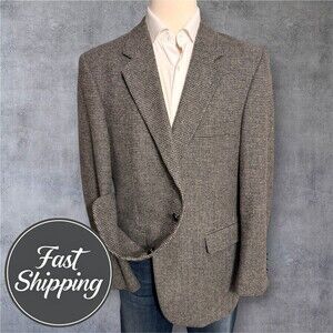 Vintage TWEED WOOL Men’s Blazer 48L Gray Sport Coat Two‑Button Jacket